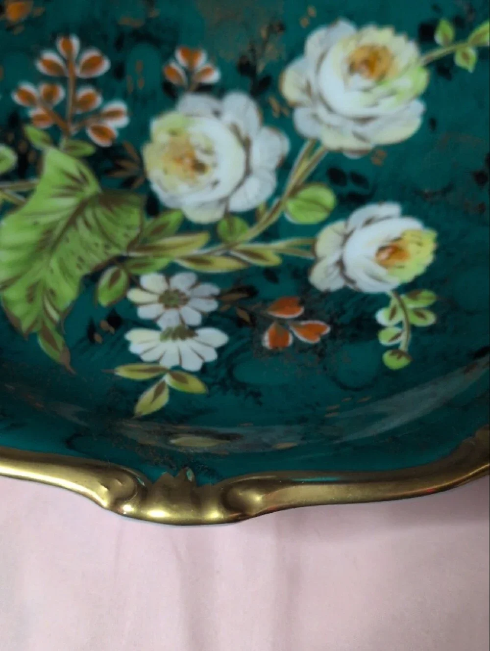 Rosen Thal Germany Hand-Painted Floral Decorative Bowl in Teal with Gold Trim